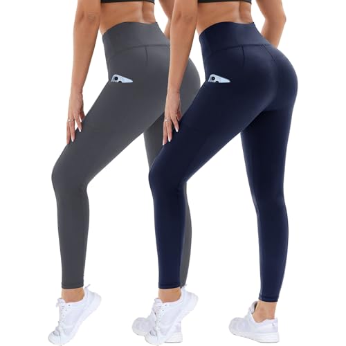 DDOBB 2er Pack Sport Leggings Damen High Waist Sportleggins Damen Lang Mit Taschen Gym Leggings Blickdicht Schwarz Sporthose Elastische Bauchweg Yogahose Fitness Laufhose(Dunkelgrau＋Navy,L-XL)