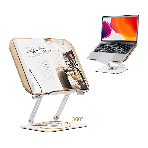 POLESTO Buchständer zum Lesen, Verstellbarer Buchhalter mit 360° Drehfuß, Faltbarer Kochbuchständer Rezeptbuchhalter praktischer drehbarer Displayständer für Notenblätter, schwerere Bücher, Laptop