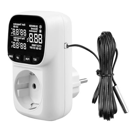 Digitaler Temperaturregler Steckdose 230V mit Fühler, Heizen Kühlen Thermostat Steckdose, Temperaturschalter mit Zeitschaltuhr Alarm für Gewächshaus Aquarium Terrarium Reptilien