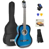 MAX SoloArt Konzertgitarre 4/4, Akustik Gitarre für Anfänger mit Tasche, Stimmgerät, Gurt und Zubehör, Acoustic Guitar, Akustikgitarre Blau