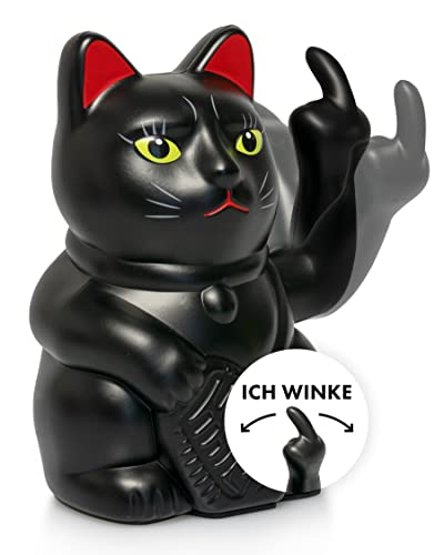 ANGRY CAT - Winkekatze Lucky CAT - Lustige winkende Katze - japanische Winkkatze mit Stinkefinger - Dekoartikel Wackelfigur Katze - Winke-Arm mit Mittelfinger - 15cm – SCHWARZ-MATT