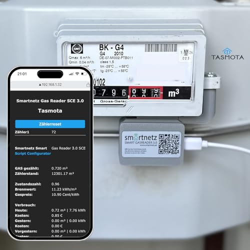 Smartnetz Smart Gas Reader 3.0 SCE noch mehr Features BK4 / BK G4- WiFi mit TASMOTA Scripting vorinstalliert | WLAN | MQTT | BK4 Gaszähler Gas AUSLESEN | Gasleser USB C Schnittstelle