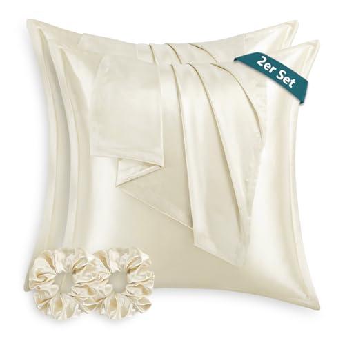 RUIKASI Satin Kissenbezug 80x80 Beige - 2er Set weicher Kopfkissenbezug wie Seidenkissenbezug 80x80cm für Haar und Haut mit 2 Haargummis, Bessere Pflege als Silk Pillow Case Pillow Cover