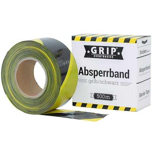 GRIP Eventbasics Absperrband schwarz-gelb gestreift | 500 m x 70 mm, nicht klebend | LDPE-Flatterband im praktischen Abrollkarton | Markierungsband für Gefahrenbereiche, Baustellenabsperrungen