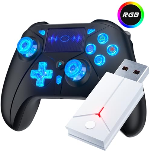 Bonacell RGB Kabelloser Controller für PS5/PS4/PC with 2.4GHz USB Receiver Adapter kompatibel mit PS5-Spielen, Dual-Motor-Vibration/6-Achsen-Sensor/Turbo/3,5-mm-Audiobuchse/Touchpad