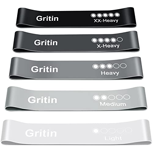 Gritin Fitnessbänder [5er Set] Widerstandsbänder mit 5 Stufen, 100% Latex Fitnessband Resistance Terra Bands mit Deutscher Übungsanleitung & Tragebeutel, Gymnastikband für Muskelaufbau, Yoga, Pilates