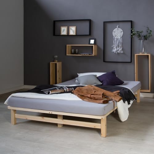 Homestyle4u Holzbett 140x200 Palettenbett mit Matratze & Lattenrost Bett Massivholzbett Doppelbett Kiefer Unbehandelt Bettgestell Natur