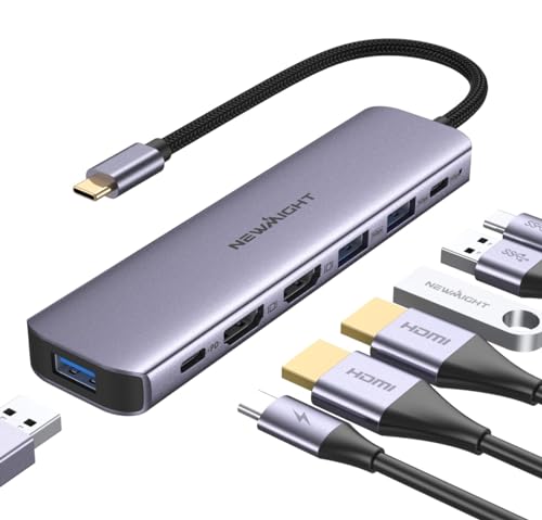 Adapter USB C auf Dual Hdmi, Newmight 7 in 1 USB C Docking Station Dual Monitor mit 2 HDMI, 3 USB3.0, 100 W PD, USB C 3.0 Ports, kompatibel mit Dell, HP, iPhone 15 Serie