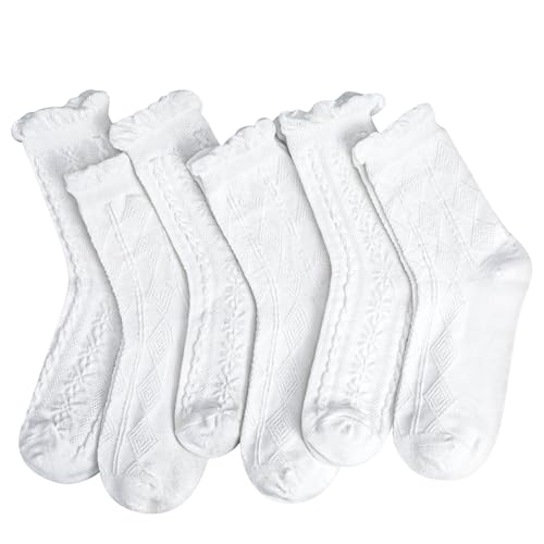 Kaisibum 6 Paar Trachtensocken Damen, Weiße Rüschen Socken, Baumwoll Spitzen Socken mit Rüschen Damen, Socken Rüschen Prinzessin Söckchen für Frauen Mädchen 34-38