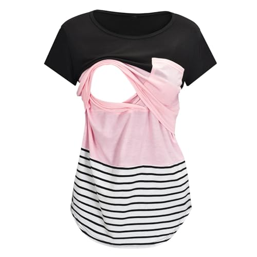 Damen Stillshirt Kurzarm Umstands Nursing T-Shirt Tops Baby-Fußab Druck Schwangere Kurzarm Umstandskleidung Umstandskleid Stillshirts Schwangerschaft Umstandsmode Sommer Tops Umstandstop (Rx1 Pink, L)