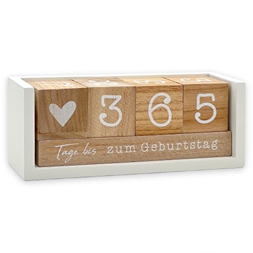 Jahres Countdown Kalender Würfel aus Holz mit Themenleiste - Dauer-Jahre-Tisch-Kalender - Lückenlose Tagezählung bis zu 432 Tagen für Hochzeiten, Geburtstage, Prüfungen und mehr (Weiß/Natur)