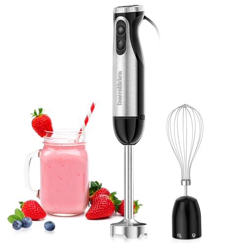 Bonsenkitchen Pürierstab, 2 en 1 Stabmixer Elektrischer, 20 Stufenlos Geschwindigkeiten, Edelstahl Schneebesen für Suppe, Smoothie, Püree, Babynahrung, Schwarz