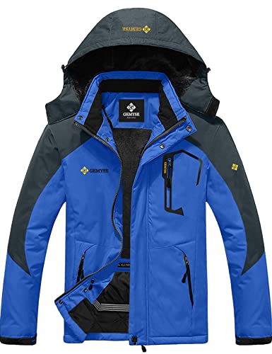 GEMYSE Herren Wasserdichte Berg-Skijacke Winddichte Fleece Outdoor-Winterjacke mit Kapuze (Blaue Grau,L)