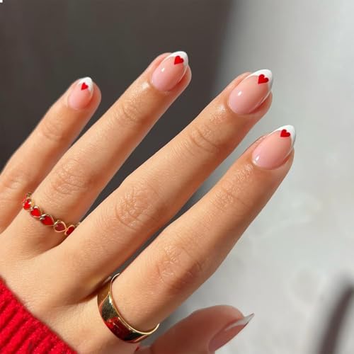 GlamRays Kurze Mandel Press-On Falsche Nägel Valentinstag Rot Herz Nagelkunst Dekoration Weiße Französische Maniküre für Frauen und Mädchen 24 Stück