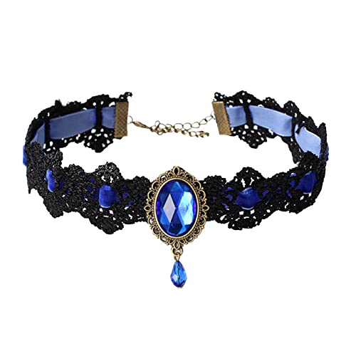 KAREN66 Zierliche Halskette für Damen Retro Gothic Lace Choker Elegant Sexy Halskette Black Lace Choker Clavicle Chain Halskette mit Strass Spitzenschmuck für Frauen Mädchen Frauen (Blue, One Size)