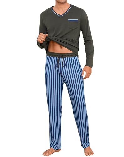 Demegimi Herren Pyjama Lang Streifen Schlafanzüge für Herren Baumwolle lang Langarm Shirt gestreifte Pyjamahose mit Tasche,Grau,L