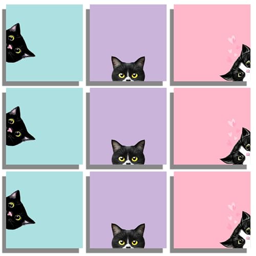 9 Blöcke schwarze Katze Haftnotizen Set, rosa selbstklebende Notizblöcke, niedliche Notizblöcke, super selbstklebende Notizkarte für Katzenliebhaber, Geschenk, Lehrer, Büro und Schulbedarf, 7,6 x 7,6