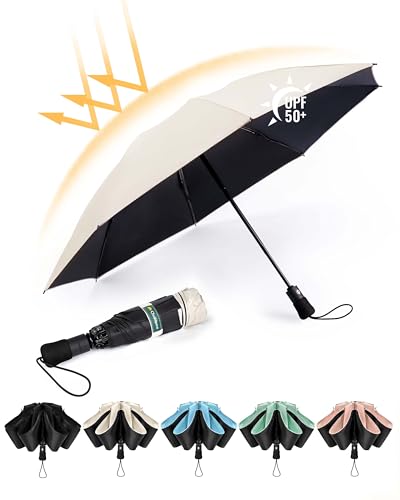 Chakipee Kompakter Reise Regenschirm Groß Sturmfest – Automatik Taschenschirm Tragbarer UV-Schirm für Damen und Herren, 210T Beschichtung 97 cm Spannweite 8 Rippen Taschenschirme Beige