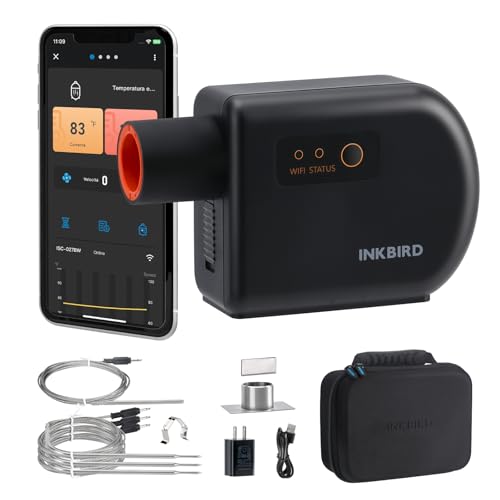 Inkbird Grillgebläse Bluetooth 5.1 und Wi-Fi 2,4 GHz Grillventilator, Automatischer Smoker Grillthermometer mit 4 Sonden für Big Green Egg, Kamado Joe, Primo, Vision Grill, Akorn Kamado