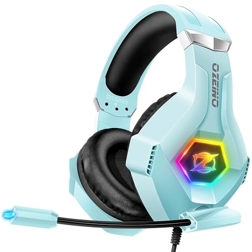 Ozeino Gaming Headset für PS5 PS4 Xbox One PC Switch, PS5 Gamer Headset mit Mikrofon, Stereo Sound und RGB Light, Himmelblau