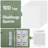 SKYDUE 100 Envelope Saving Challenge Deutsch, Sparbuch Für Geld Mit Cash Umschläge, Geld Sparen Challenge Mit Doppelseitigen Laminierten Tracker, Einfach Und Spielerisch Geld Sparen(Olivgrün)