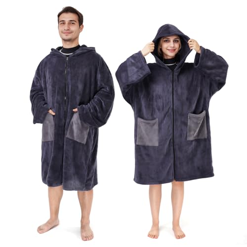 Owntop Handtuch Poncho Erwachsene, Surf Poncho Langen Ärmeln Damen Herren, Schnell Trocknendes Badeponcho mit Reißverschluss für Strand Camping Dusche Pool Zuhause - Blau L