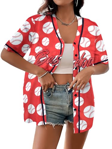 Baseball-Trikot für Damen: Baseball-Shirt: Baseball-Mutter, Knopfleiste, einfarbig, Softball, Sport, aktive Kleidung, Tops, Rot/Ausflug, einfarbig (Getaway Solids), Groß