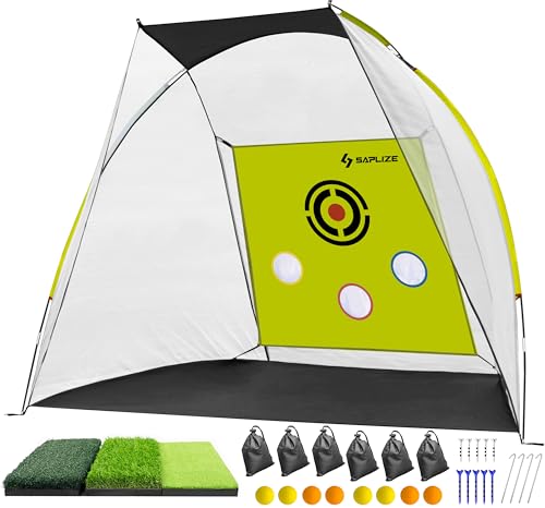SAPLIZE Einschlagresistentes Golfnetz für den Garten, 20% größere Öffnungsfläche, äußerst stabiles Golf-Übungsnetz mit Tri-Turf-Matte für das Training drinnen und draußen