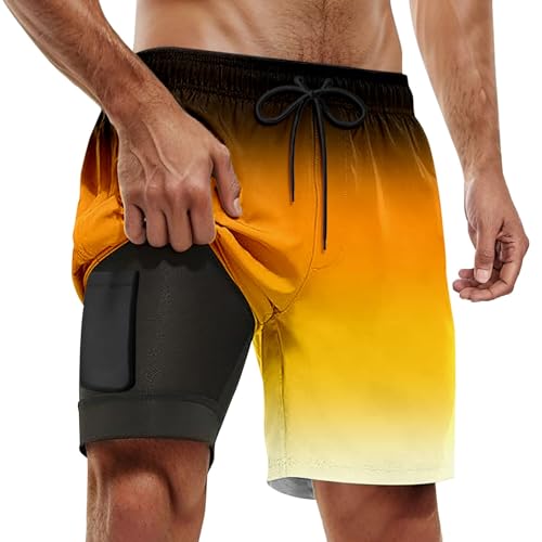 Badeshorts Herren Lang mit Kompression 2 in 1 Atmungsaktiv Badehose Kokosnussbaum Briefdruck Männer Elastisch Sommer Strand Badehosen Urlaub Hawaii Retro Boardshorts mit Innenhose Reißverschlusstasche
