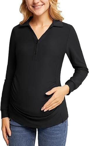 Schwangerschaft Damen V Ausschinitt Polo Shirts Langarm Sport Shirt Atmungsaktive Bluse für Schwangere Schwarz L