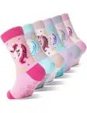 EBMORE Stoppersocken Kinder Kuschelsocken Mädchen Dicke Socken Warme Anti Rutsch Wintersocken Flauschige Bettsocken Geschenke Haussocken Antirutschsocken Kinder 6 Paare(Einhorn)