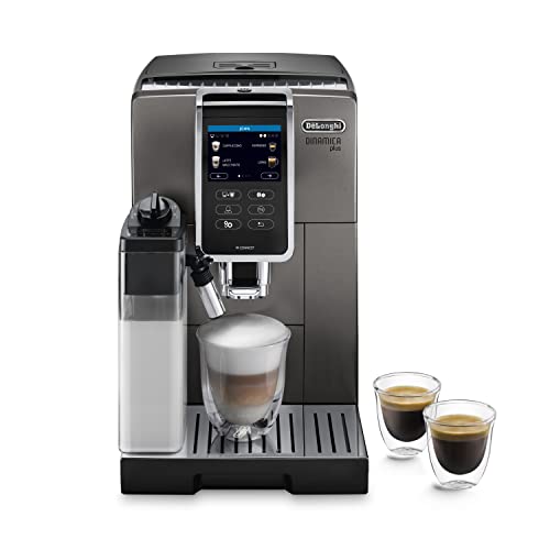 De'Longhi Dinamica Plus ECAM 372.95.TB Kaffeevollautomat mit LatteCrema Milchsystem, Cappuccino und Espresso auf Knopfdruck, Touchscreen Farbdisplay, Appsteuerung, Kaffeekannen-Funktion, Titan/Schwarz