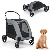 COSTWAY Hundewagen, Hundebuggy klappbar, bis 60 kg, Haustierwagen mit Vordertür & Netzfenstern & verstellbarem Griff & Kissen, Haustiere Buggy Hundetrolley, für mittelgroße große Hunde Katzen, Grau