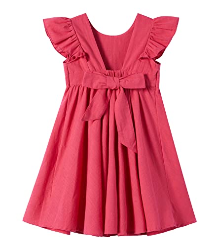 Ugitopi Baby Mädchen Flatterärmel Baumwolle-Leinen Kleid Elastische Taille Schleife Kinder Freizeitkleider (Solid Wine Red,110)