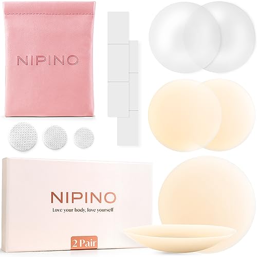 NIPINO® Nippelpads - Damen Nipple Cover mit Fashion Tapes | Wiederverwendbare Brustwarzen Abdeckungen | Unsichtbare Nippel Pads aus Hochwertigen Silikon [8 cm Ø]