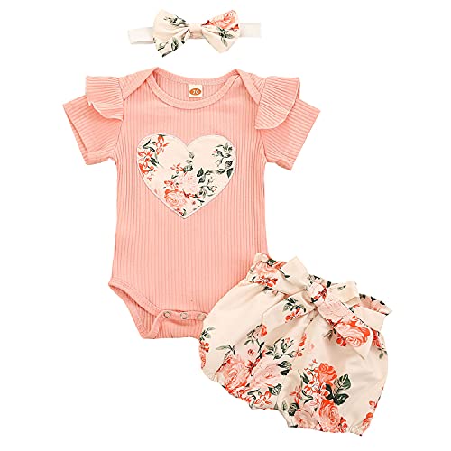 Geagodelia 3tlg Baby Kleidung Outfit Mädchen Babykleidung Set Kurzarm Body Strampler + Blumen Shorts + Stirnband Neugeborene Weiche Sommer Babyset (Pink - Herz, 6-12 Monate)