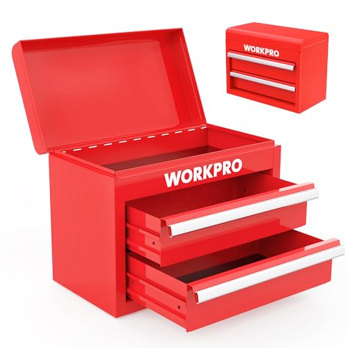 WORKPRO Mini-Werkzeugkasten Metall mit 2 Schubladen & oberem Fach, Metall-Werkzeugbox mit PVC-Futter & PP-Fußpolstern, Werkzeugkiste für Werkstätten, Büros und Schminktische, 27,5 x 15 x 20,8 cm, Rot