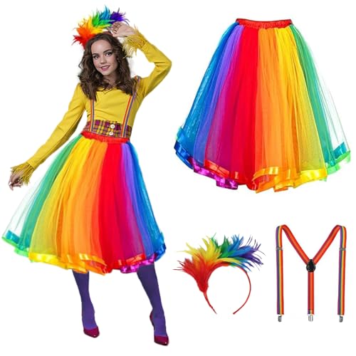 Regenbogen Tüllrock mit Riemen Set, Karneval Regenbogen Kostüm Damen, Tüllrock Damen,Tütü Damen, Regenbogen Kostüm, Regenbogen Rock Tüll mit Feder Stirnband für Karnevalspartys und Mottoparty