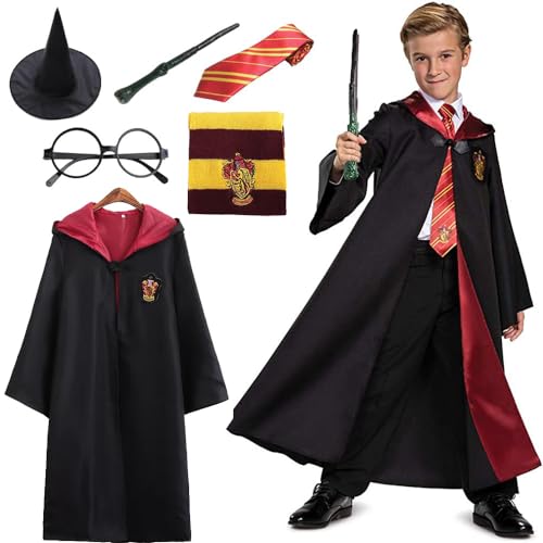 ZOYDP Kostüm Kinder für Harry Potter, 6PCS Gryffindor Umhang Kinder mit Magier Robe Magischer Hut Schal Zauberstab Brille, Hermine Granger Kostüm Kinder für Jungen Mädchen Karneval Cosplay Kostüme