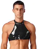 Freebily Herren Glänzende Leder Top Lack Latex Optik Shirt Crop Top Bauchfrei Gay Männer Stretch Muskelhemd Party Gogo Clubwear A_Schwarz XXL