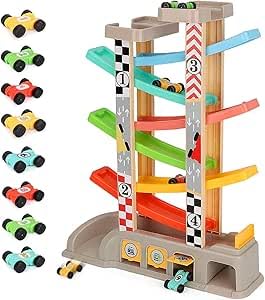 kramow Ramp Racer Spielzeug mit 8 Mini-Autos und 3 Auto-Garage, Rennstreckenrampe inklusive Top-Parkplatz, Lernspielzeug für Kinder ab 3 Jahren