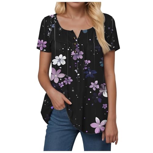 Blusen und Blusen für Damen, Tunika, lang, große Größe, kurzärmlig, schick und elegant, Plissee, V-Ausschnitt, Knopf, Blumen, T Shirts, Kleidung, Black-5, 54
