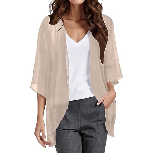 2025 Solide, Elegante Damen-Strickjacke Chiffon mit Puffärmeln, lockere, lässige Blusen-Tops Damen Blusen Pullover (Khaki, XXL)