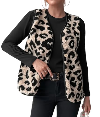 ORANDESIGNE Teddy Weste Damen Elegant Ärmellose Weste Leoparden Oberteil Teddy Jacken Leoprint Fleece Teddyweste A Schwarz L