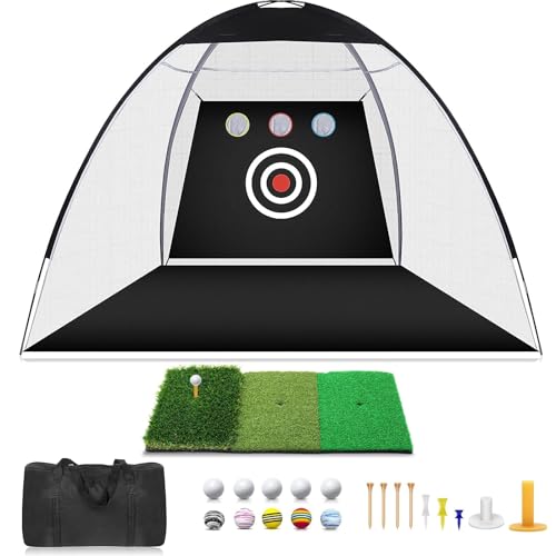 Golfnetz 3x2.1x1.8m Golf Trainingsnetz mit Schlagmatte für Hinterhof Drinnen Draußen Chipping Driving, und Pitching-Fahrnetze für den Innen- und Außenbereich, Garagennutzung, Golfschwungtraining