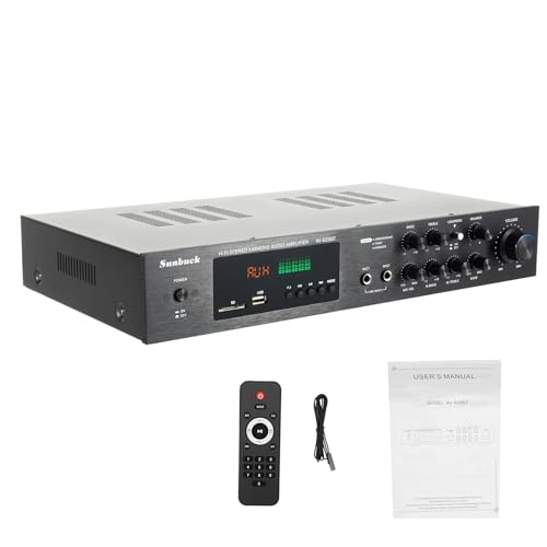 Audio Leistungsverstärker, 600W Stereo Receiver mit Fernsteuerung, SD, USB, RCA, AUX, 5.0 Bluetooth, 5.1-Kanal, 2 Mikrofon Anschlüsse, für Heimkino, Karaoke-Partys