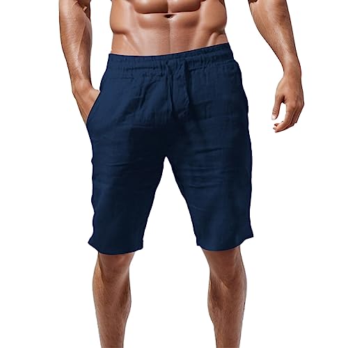 Herren- Sommer-Baumwollmodische, lässige Shorts, Leinen, solide Herrenhosen Schlaf Shorts Herren Kurz Herrenhosen Lang Elegant Grau Herrenhosen Lang Stretch Elegant Gr Fitness Hosen (Navy, L)