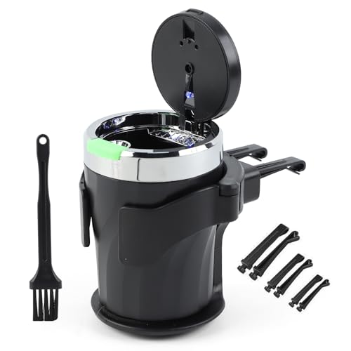 Aschenbecher auto, Geoyien auto aschenbecher mit deckel, aschenbecher geruchsdicht, mit Halter und Reinigungsbürste, Automatisches LED-Licht, Versiegelt, flammhemmend, Großem Fassungsvermögen