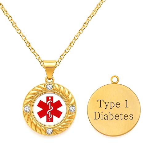 Zircobic Klassische goldene Typ-1-Diabetes Notfall-Halskette – Komfortabler, lasergravierter Edelstahlanhänger für Diabetiker, ideal für den täglichen Gebrauch