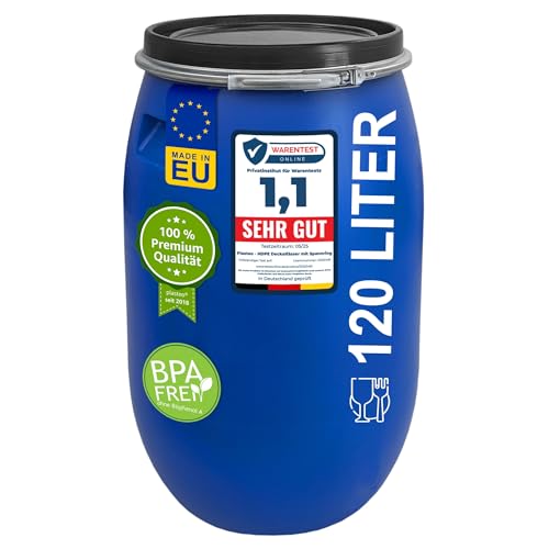 plasteo® 120 Liter Weithalsfass mit Deckel und Spannring Futtertonne Kunststofffass Universalfass Deckelfass Lebensmittelecht Wasserfass Regentonne Lagerfass | Stabile Griffmulden | Blau